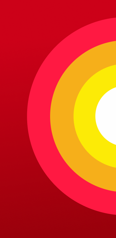 Concentric circles in yellow, orange, and red gradient colors radiate from a white center, set against a red background, creating a vibrant abstract design.
