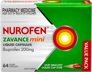Nurofen Zavance Pain Relief Mini Liquid 64 Capsules Ibuprofen 200mg