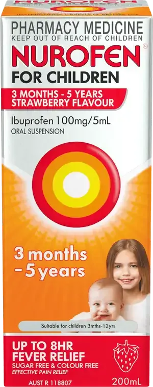 Nurofen for Children 3 Months to 5 Years Pain & Fever Relief Ibuprofen 100mg/5ml Strawberry 200ml
