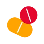A red circle and an orange oval shape overlap diagonally.