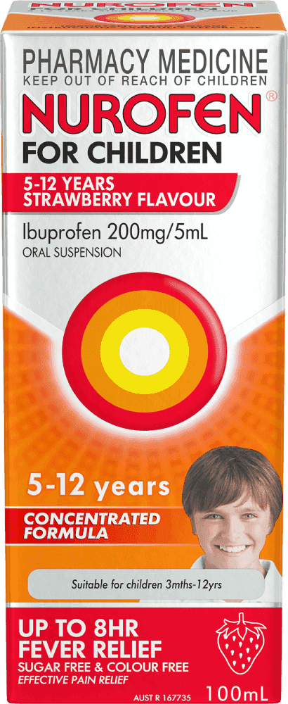 Nurofen for Children 5 to 12 Years Concentrated Pain & Fever Relief Ibuprofen 200mg/5ml Strawberry 100ml