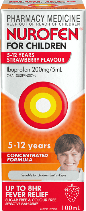 Nurofen for Children 5 to 12 Years Concentrated Pain & Fever Relief Ibuprofen 200mg/5ml Strawberry 100ml