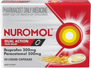 Nuromol Dual-Action Strong Pain Relief Liquid 20 Capsules 200mg Ibuprofen/500mg Paracetamol