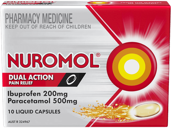 Nuromol Dual-Action Strong Pain Relief Liquid 10 Capsules 200mg Ibuprofen/500mg Paracetamol