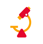 A red and yellow microscope tilts slightly to the right, set against a transparent background.