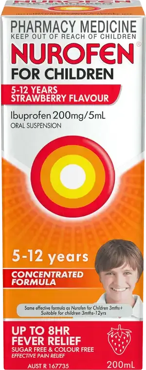 Nurofen for Children 5 to 12 Years Concentrated Pain & Fever Relief Ibuprofen 200mg/5ml Strawberry 200ml