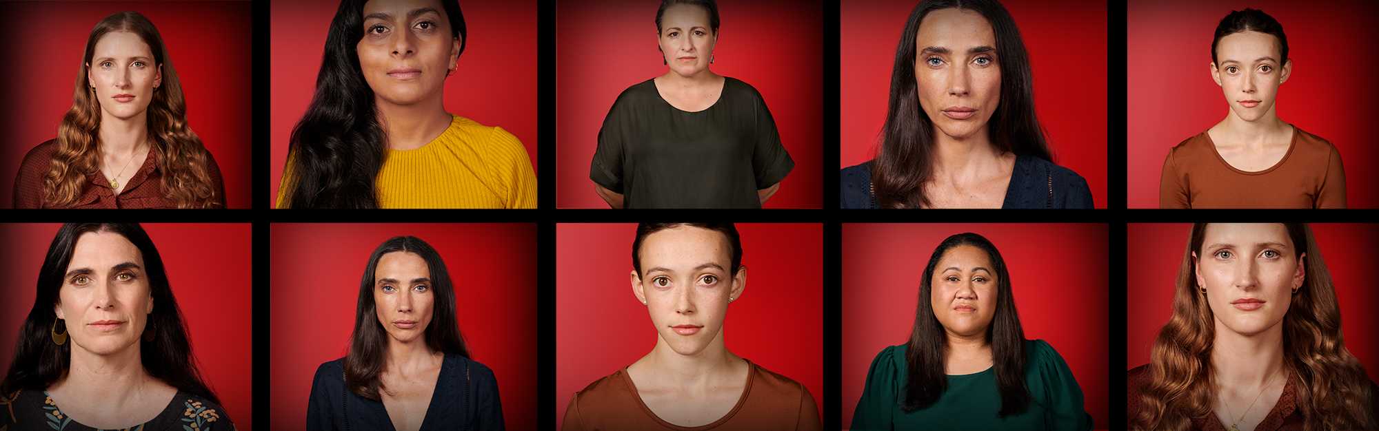 A collage of ten women, each facing forward with neutral expressions, are captured against a red background;