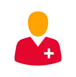 A stylised icon depicts an orange person wearing a red medical uniform with a white cross, representing a healthcare professional.